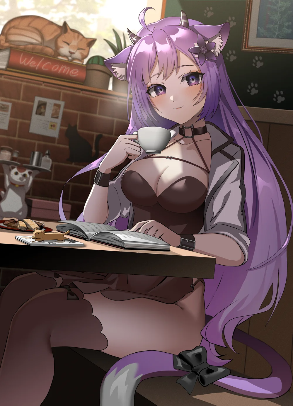 Kiri, a lavender-haired demon cat VTuber, enjoying a coffee in a cozy cat café.