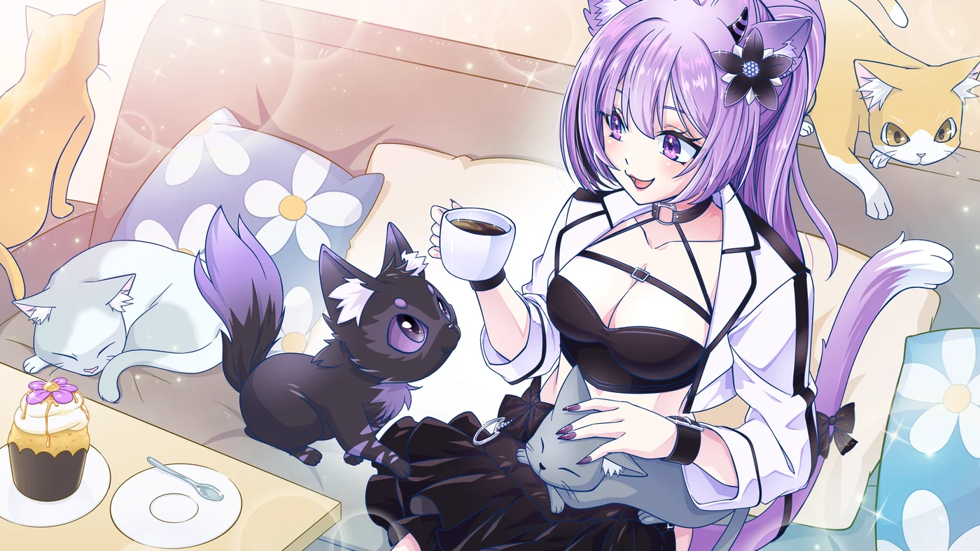 Kiri relaxing with coffee and a group of cats on a cozy sofa.